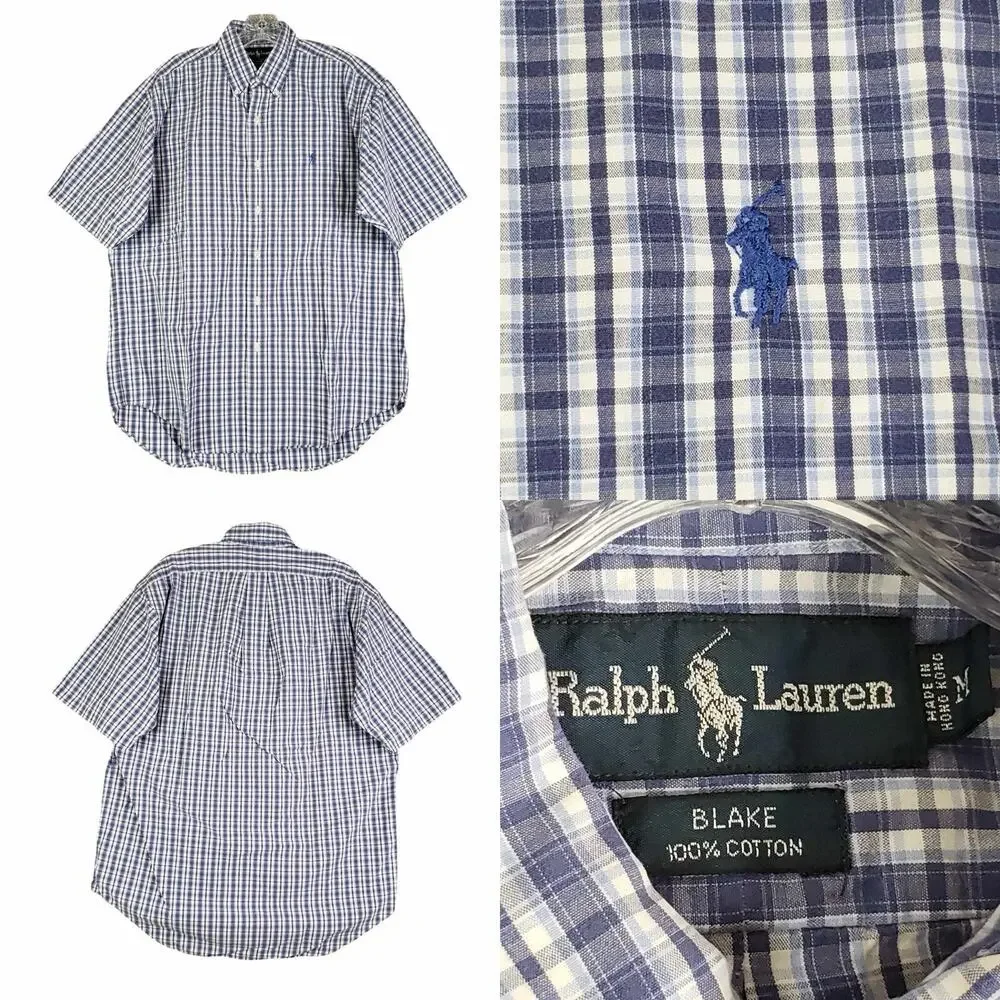 Polo Ralph Lauren Shirt Oxford Button Down SS Mens Size Medium Plaid Blake Blue